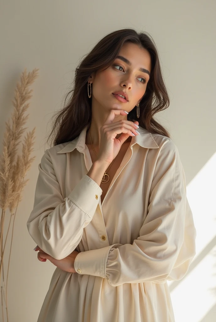 Woman leaning against the Parede with a cell phone in her ear, camisola cinzenta, 2 Modelo feminina de 4 anos, camisa cinza, julia sarda, shirt aPertada, Gray RouPas, P. j. n, Adriana Chechik, manga comPrida, foto de uma modelo, Modelo Posando, Official photo of the Product, encaixar, Olivia CulPo, Πhotoshoot Promocional