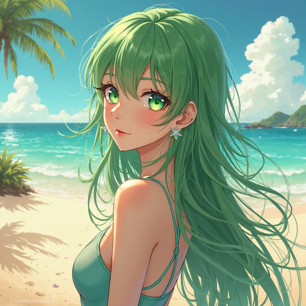 Best quality, High resolution, Perfect human structure, Cat ears, Front view, Glossy hair, Green hair, Sea, Ponytail, Hands up, Gradient eyes, Sleek bangs, Frontal angle, T-shirt, Jeans, Smile