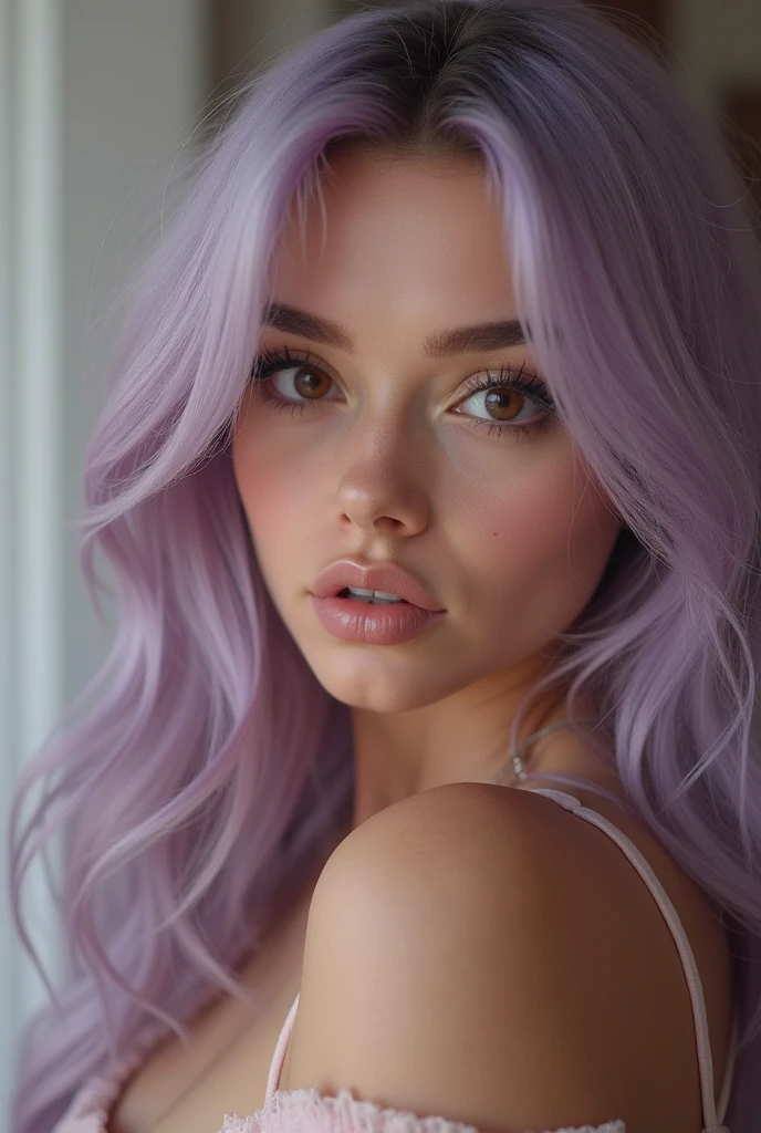 ((Best quality)), ((Ultra Resolution)), ((photorealistic)), (Intricate details), 19 years old, violet hair, Perfect face, makeup: 1.5, Light on the face, Detail of the face, naked, short hair, brunette