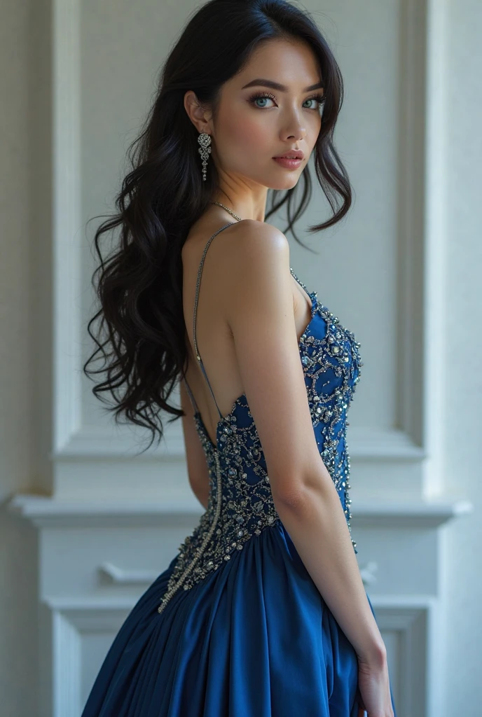 A girl with long straight navy blue hair that fades into light blue. She is wearing a navy ballgown in a ballroom very detailed navy blue eyes