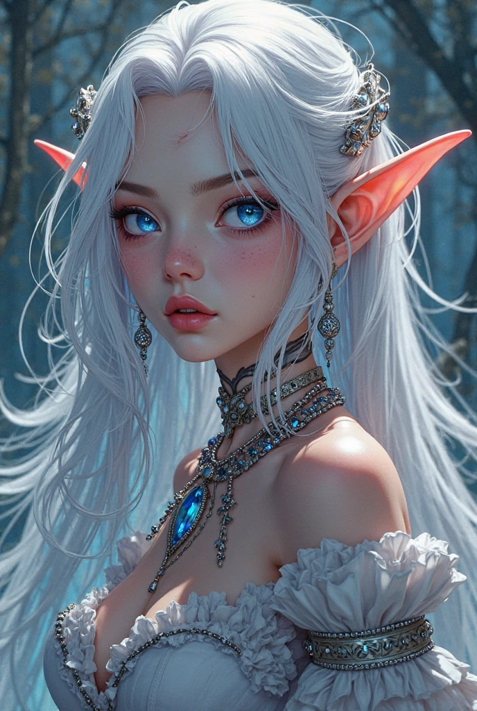 Ultra-detailed complex 3D rendering of the face, (masterpiece, top quality, octane rendering,), glamour shots full body image, very beautiful young elves, cleavage, (highly detailed skin: 1.2), (exposure: 1.1), ((blue micro bikini: 1.95)))). , 8k, (((very soft breasts)), (((conspicuous large pink areola)), beautiful Caucasian woman with white skin with full soft breasts with big buttocks, one, long braided hair, big breasts, dynamic angles, (((huge breasts: 2.4)), ultra-realistic photos, ((((((silver hair)))), futuristic urban background, facial muscles, (((((detailed and glamorous silver crown)))), In the style of Marvel Comics, ArtStation Trends, Clear Focus, Intricate Details, Very Detailed, Detailed Green Eyes, Sharp Focus, Digital Rendering, Professional, Abs, Lip Gloss, Glossy Skin, Sexy Pose, Golden Tattoo All Over Body, Silver Pattern All Over Body, Silver Lame Skin, Gold Glitter Skin, Mansuji, Buttocks, Jeweled All Over the Body, with silver scales, silver hair,