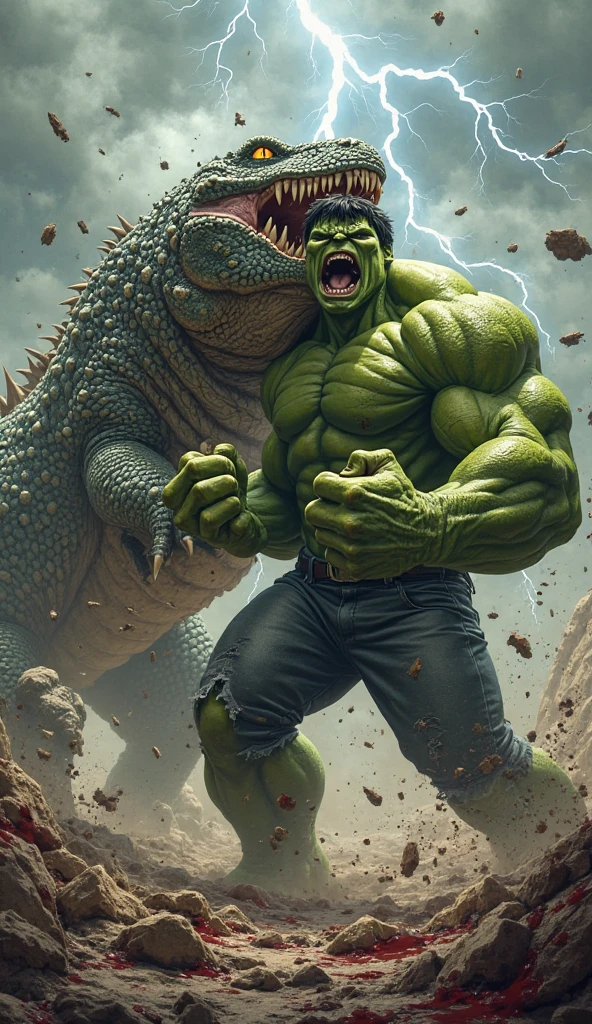 Hulk lifts up a Godzilla with both hands, background near sea, 3d render, photo, cinematic zoom photo