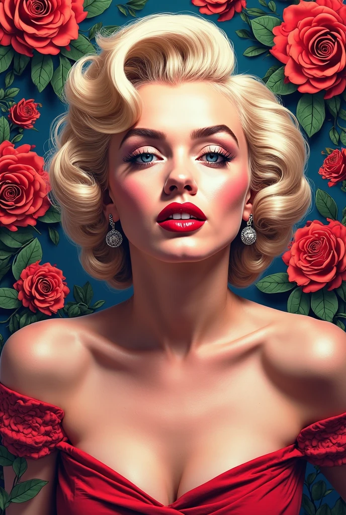 Marylin Monroe, estilo vintage , Hyperdetailed botanical liter, Desenhista de linha, digital illustation, tinta pesada, Maximalist botany, A beautiful and aesthetically pleasing illustrative masterpiece, Post-editing of Topaz AI, cleavage, thigh, short skirt, sexy