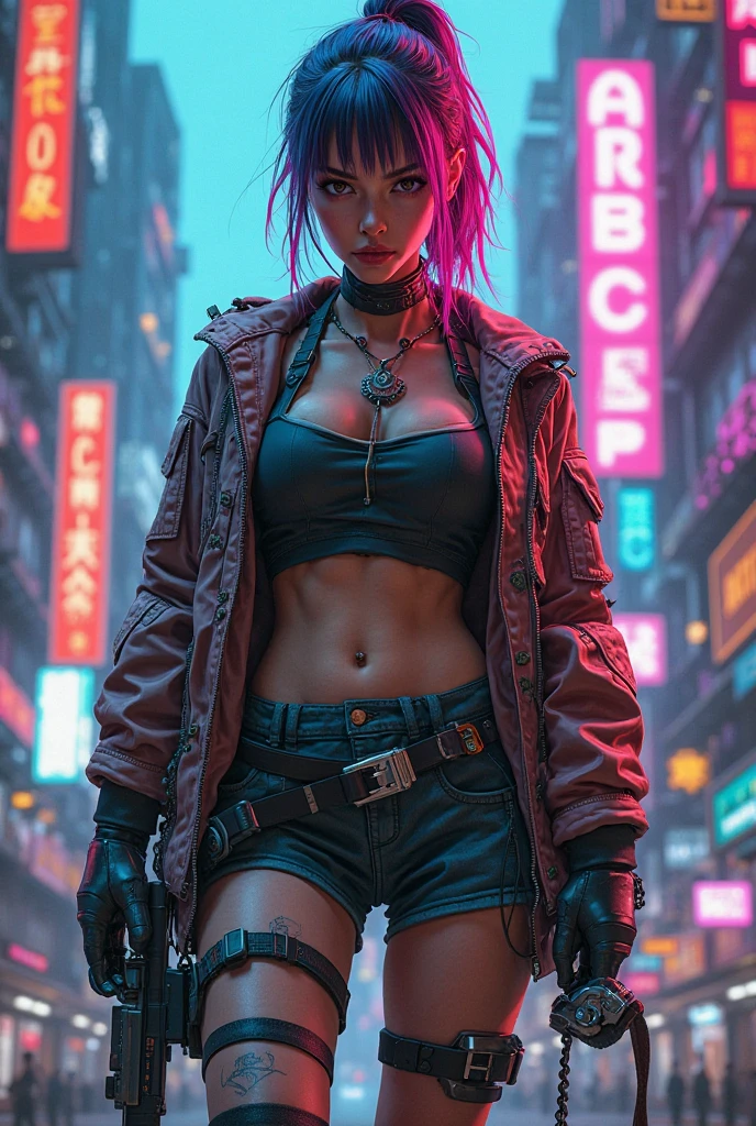 Sexy girl, gangster girl, perfect body, medium breast, red short hair, unbuttoned blouse, metalhead, streetwear clothes, short plaid skirt, grunge, crossing arms, fight pose, perfect butt, sexy hips, back view, stockings