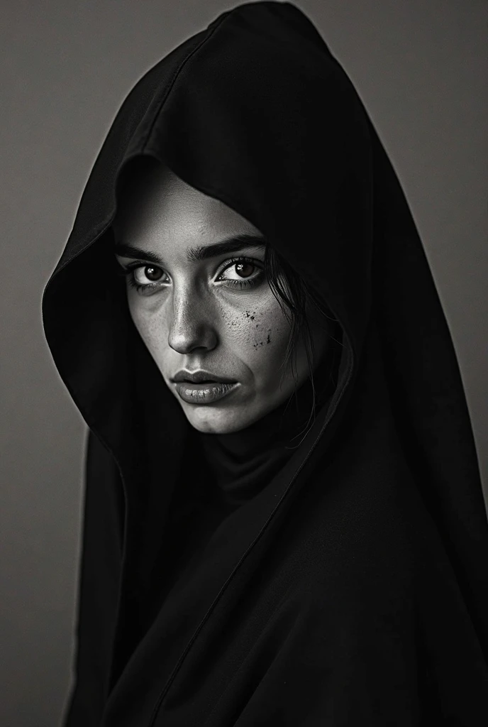 portrait of woman, miladamoore, parted lips, mole, wearing cape, looking at camera, cinematic, posing, highly detailed, film grain