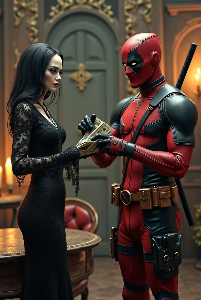 Deadpool on his knees giving money to a dominatrix