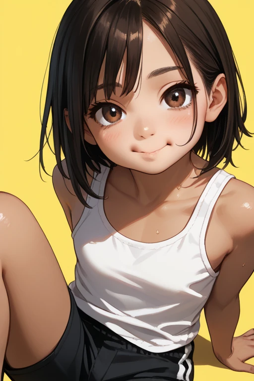 ((masterpiece,Highest quality:1.3,best quality illustration)),((realistic:1.2)),cowboy shot,独奏,1woman,18 year old beauty、black hair,short bob hair,(center parted bangs),black eyes,(gorgeous big eyes),((very small head:1.4)),shy,drooling,((slender body,skinny)),(tan skin:1.4),small breasts,(White tank top、school gym red buruma),gleaming skin,oily skin,slender body,sweat,standing,playground、Schoolyard、School、Tokyo、