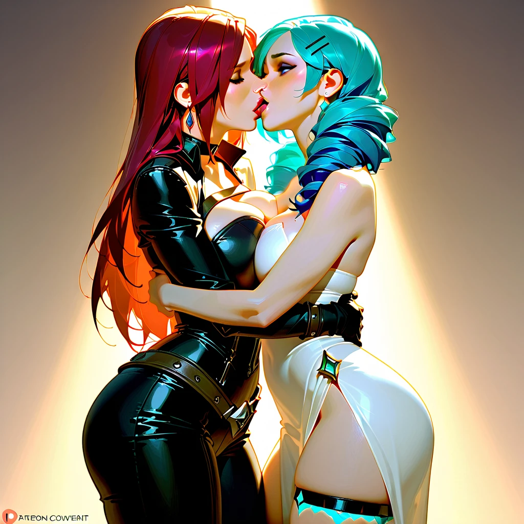 Sexy girl wearing (big diaper), busty, big breasts, wide hips, (latex), stockings, fishnets, rainbow hair, kissing