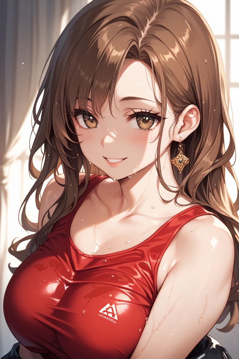 Chestnut brown hair, S-shaped wavy hair, yellow-green eyes, smiling, voluptuous, black choker, red halter neck dress, black elbow gloves