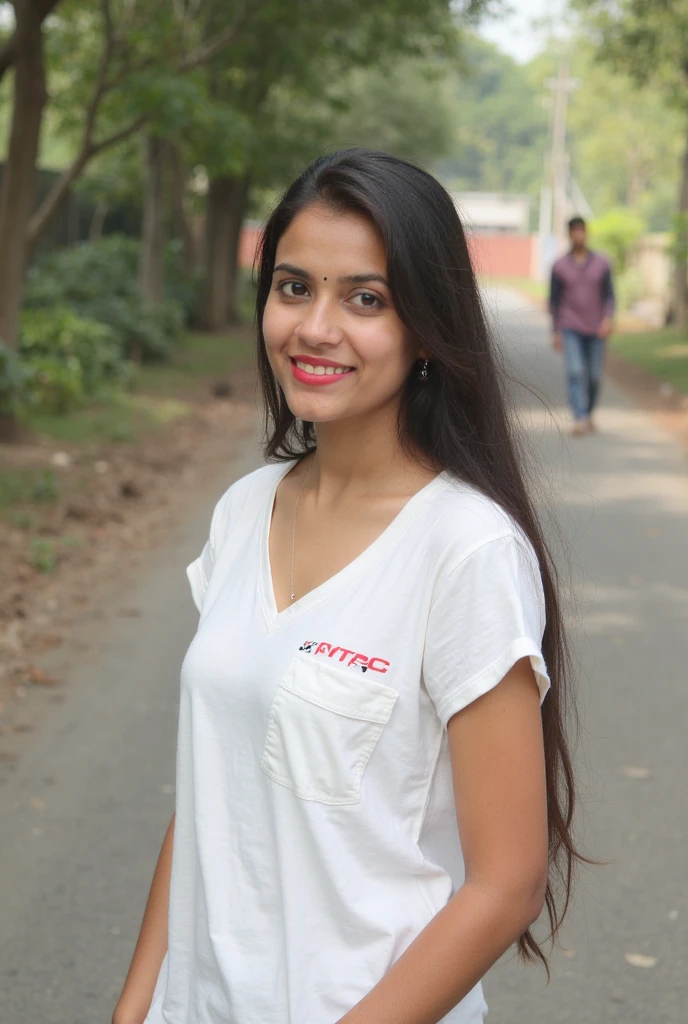 A indian gril black hair dress white colour tshirt stending in metro station