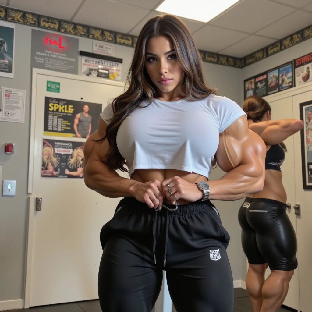 Melina Perez, the WWE Diva, wearing a cheetah print gym top, super tight cheetah print leggings, huge breasts, vascular arms, ripped 6 pack abdomen, muscular quads/legs.