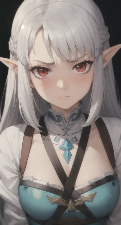 masterpiece, best quality, (illustration), close-up, solo, sexy, Frieren, pointy ears, twintails, green eyes, elf, long hair, white hair, thick eyebrows, parted bangs, breasts, standing