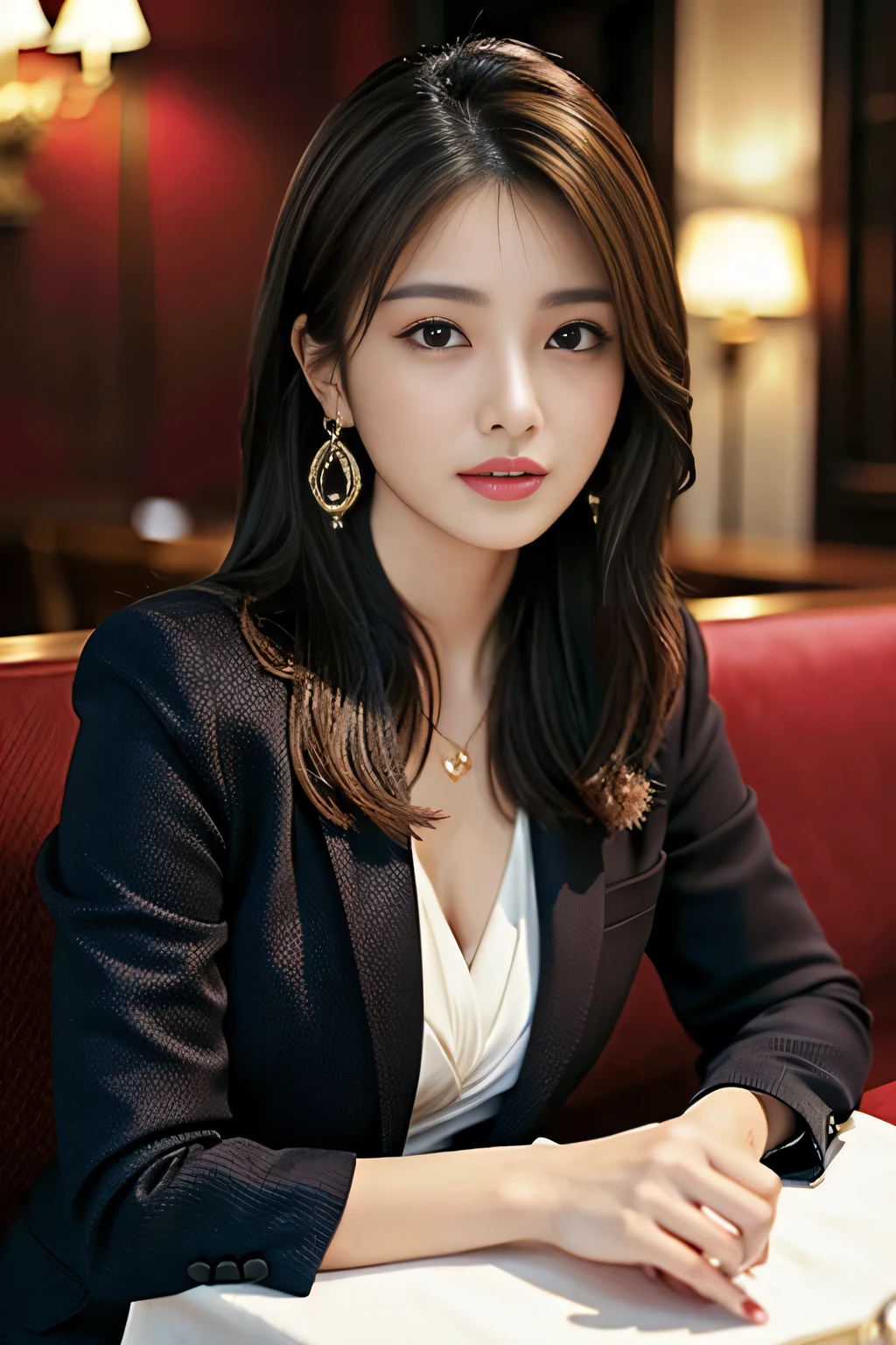 Tabletop、Highest quality、Genuine、Very detailed、finely、High resolution、8k wallpaper、One beautiful woman、、、light brown disheveled hair、Wear a business suit、Sharp focus、Perfect dynamic composition、Beautiful and detailed、Thin Hair、詳細なGenuineな肌の質感、smile、Close-up portrait、Model body type