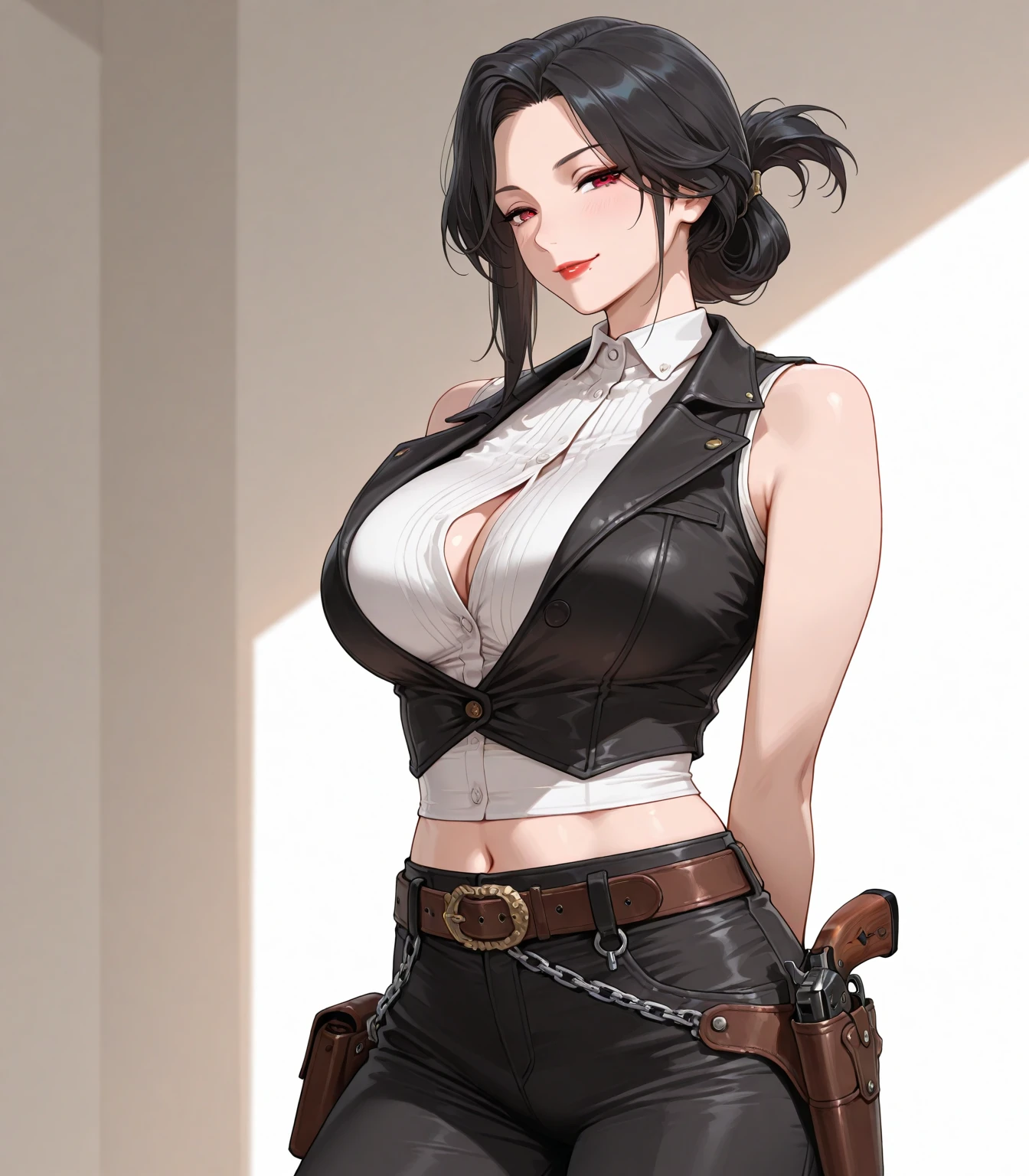 hunter ,female ,cool face ,badass ,soft skin,bandage cover wound ,big boobs ,white eyes ,short black hair ,width hat ,holding a handgun ,chain ,suit ,no shirt,black tie ,warp skirt,skull belt buckle ,cool pose,blood ,victorian city,dark night ,soft shadow ,modern lighting ,masterpiece ,best quality ,ultra-detailed ,high res ,8K
