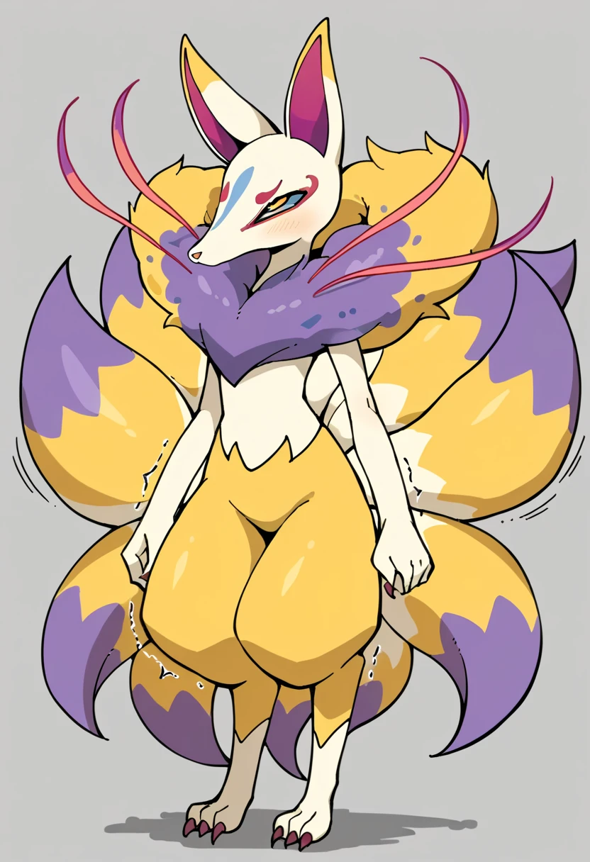 kyubi, female, furry, kyuubi, (multiple tails:1.2), tail raised, standing, portrait, hand on hip, solo, (body fur:1.2), (feet:0.9), (best quality), (gradient background:1.2), dramatic lighting, (detailed fluffy fur:1.1), looking at viewer, teeth, smile, outdoors, wide hips, thick thighs, belly button