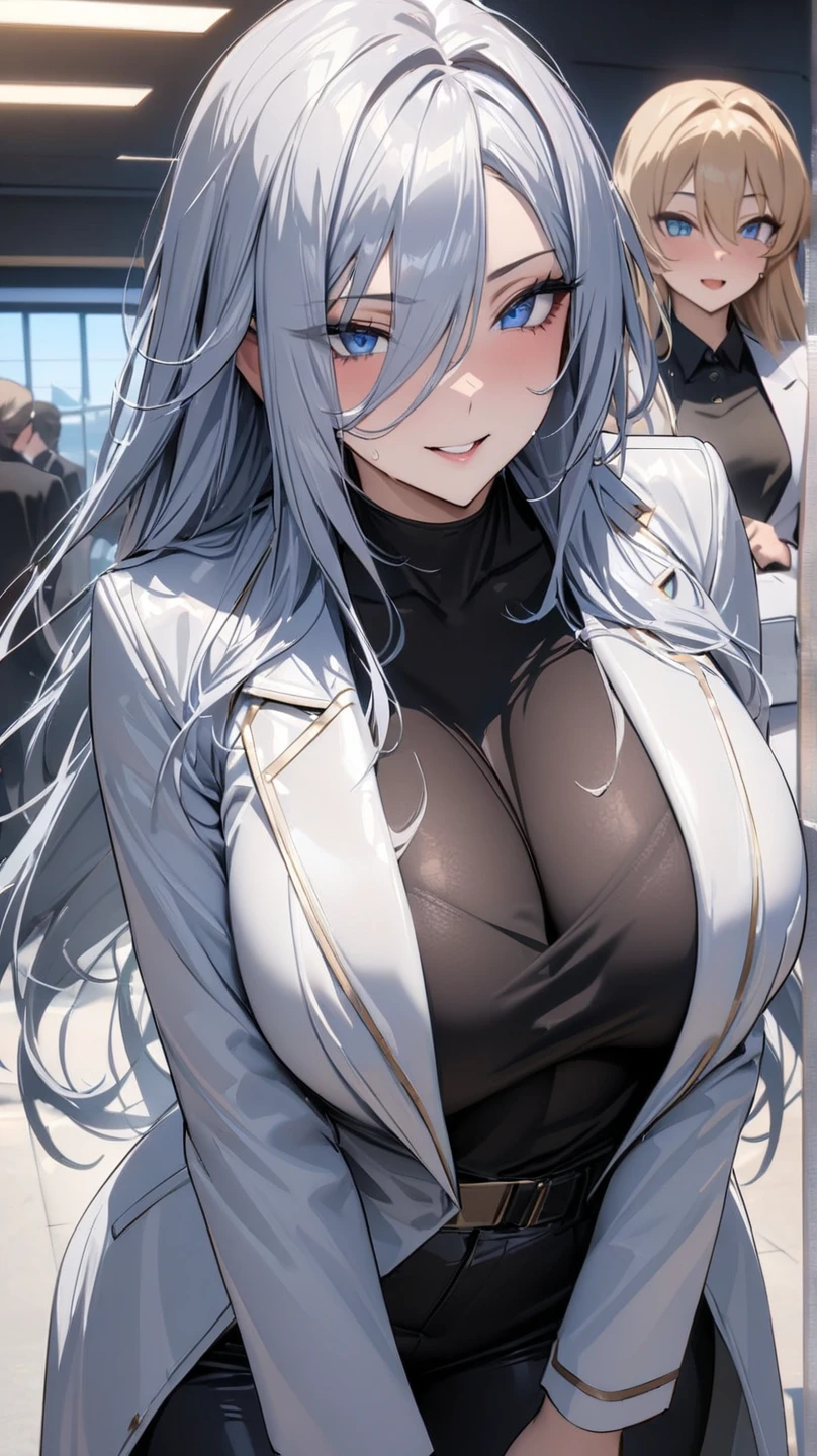 top-quality、Top image quality、masterpiece、teens girl((White and blue hoodie、Black skirt、18year old、 Ager、Best Bust、big bast,Beautiful light blue eyes, Long silver hair、A slender,Large valleys、Reflecting the whole body、Leaning forward、Attach the VR visor to your eyes、jumping pose、Excited face、play VR,Japan holding a sword)),hiquality、Beautiful Art、Background with(( Cyber World、Cyber World、Space world))masterpiece、depth of fields,