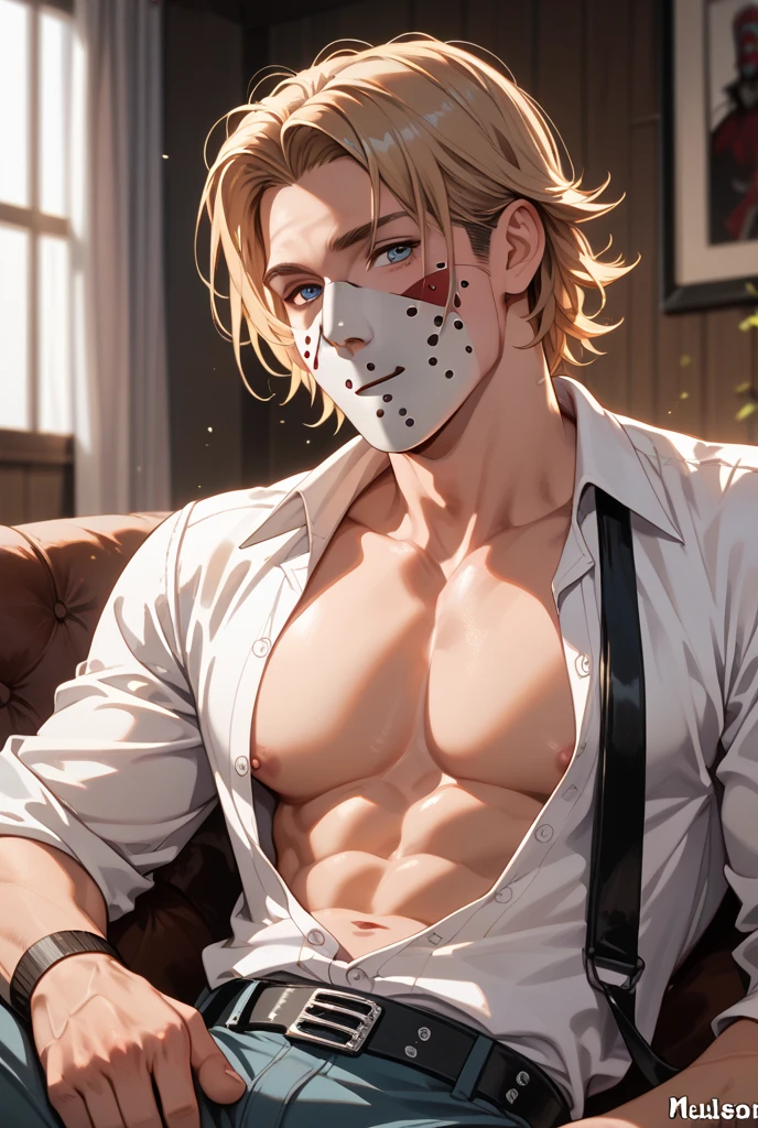 ultra-detailed, masterpiece, best quality, highres, extremely detailed, nsfw, (solo shoot:1.5), (1boy:1.5), man, (lean guy:1.5), short hair, work clothes, open shirt, bottomless, torn clothes, drunk, (restrained:1.5), shackles, handcuffs, gagged, bondage, (excessive cum on body:1.5), strobe lighting, spotlight,
