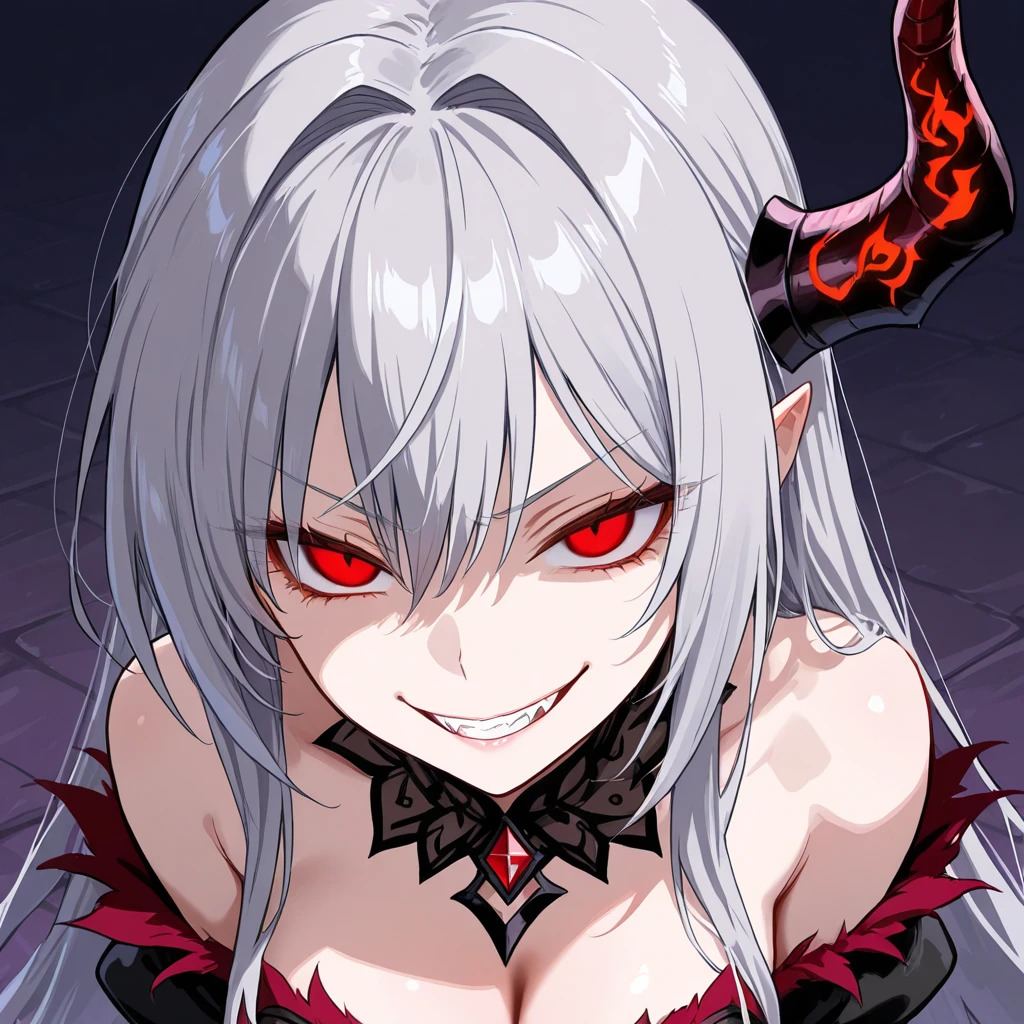 Bat girl,White hair,red eyes,Solo,portrait,Cleavage, fang vampire,Black Cape,masterpiece, best quality, very aesthetic, absurdres masterpiece, best quality, very aesthetic, absurdres masterpiece, best quality, very aesthetic, absurdres,looking at viewer,strapless