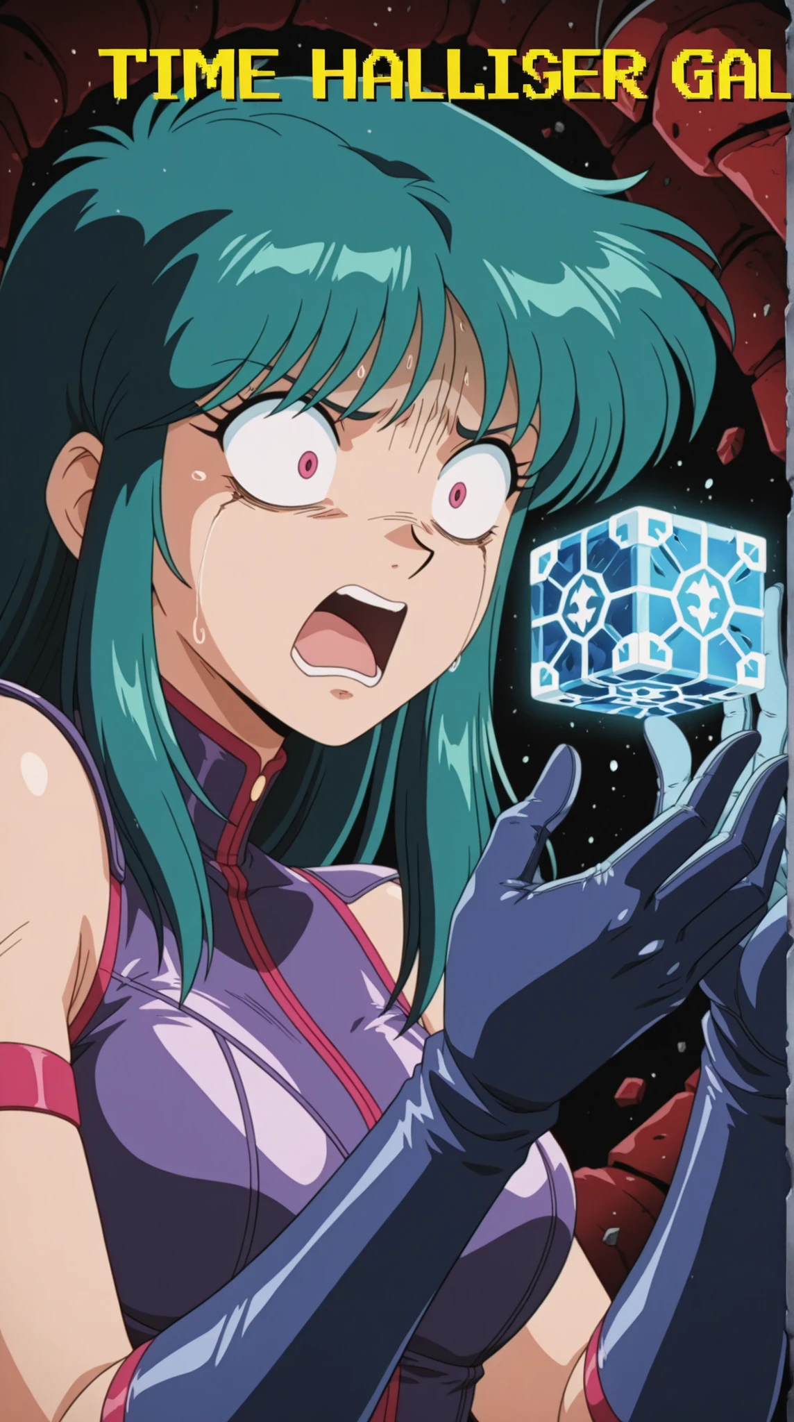 Time Gal with long green hair, scared, holding a Hellraiser Cube, in full view in a highly detailed anime style
