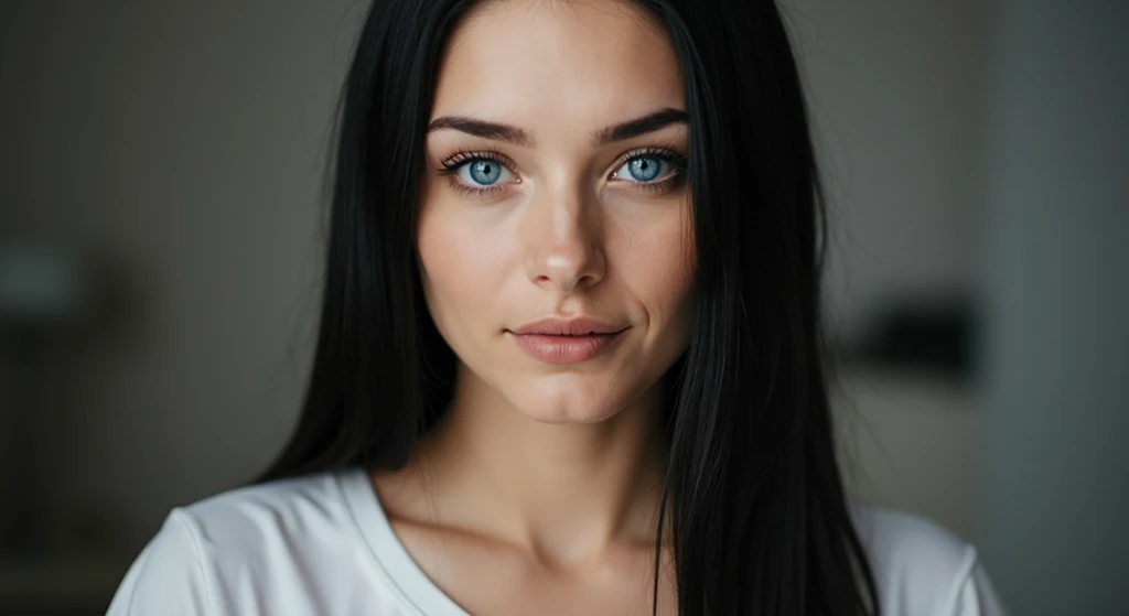 realistic portrait photo of beautiful woman with black hair, Russian, ultra-textured skin, influencer, cute face, blue eyes, no makeup, Instagram, 4K, highly detailed, cleavage