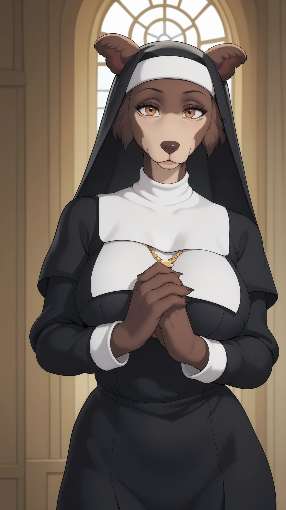 in front of the viewer, posing game, Anthropomorphic mature woman, brown fur, big breasts, nun