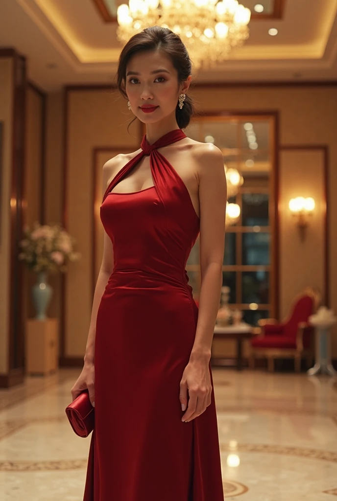 NSFW, Best Quality, Masterpiece, Ultra High Resolution, (Reality: 1.4), Sunny Outdoors, Original Photo, Cinematic Lighting, Poolside, Solo Female, 46 Years Old, (Looking Backward), (Long Hair), ( (red dress), (solid draped dress), (loose upper body dress), (Halter neck), (long dress with tight lower body), black dress, only upper body turned around, (nipples visible from the sides), small breasts, whole body, high heels, (wrinkles on face), (wrinkles at the corners of the eyes,), looking diagonally upwards, smiling,