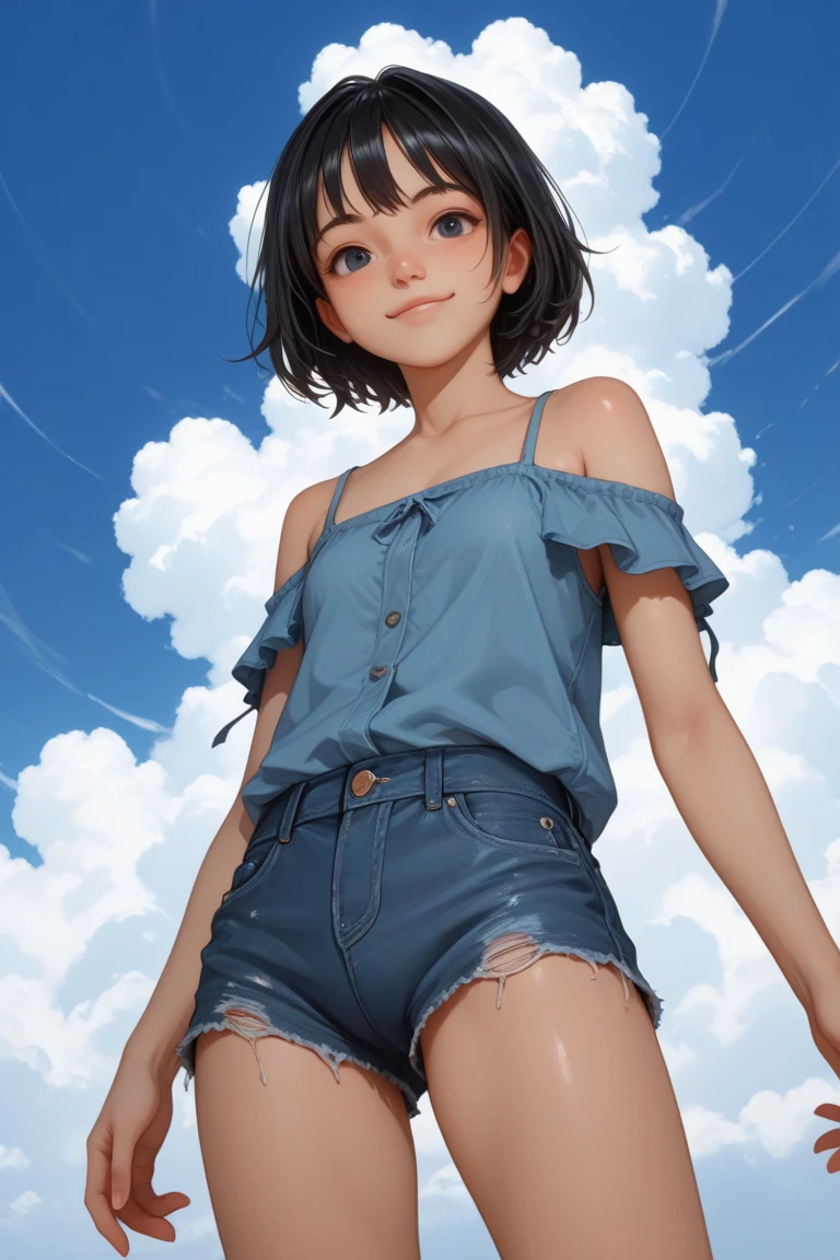 best quality, masterpiece, detailed, realistic, 1girl,8yo,petit,grin,camisole,denim shorts