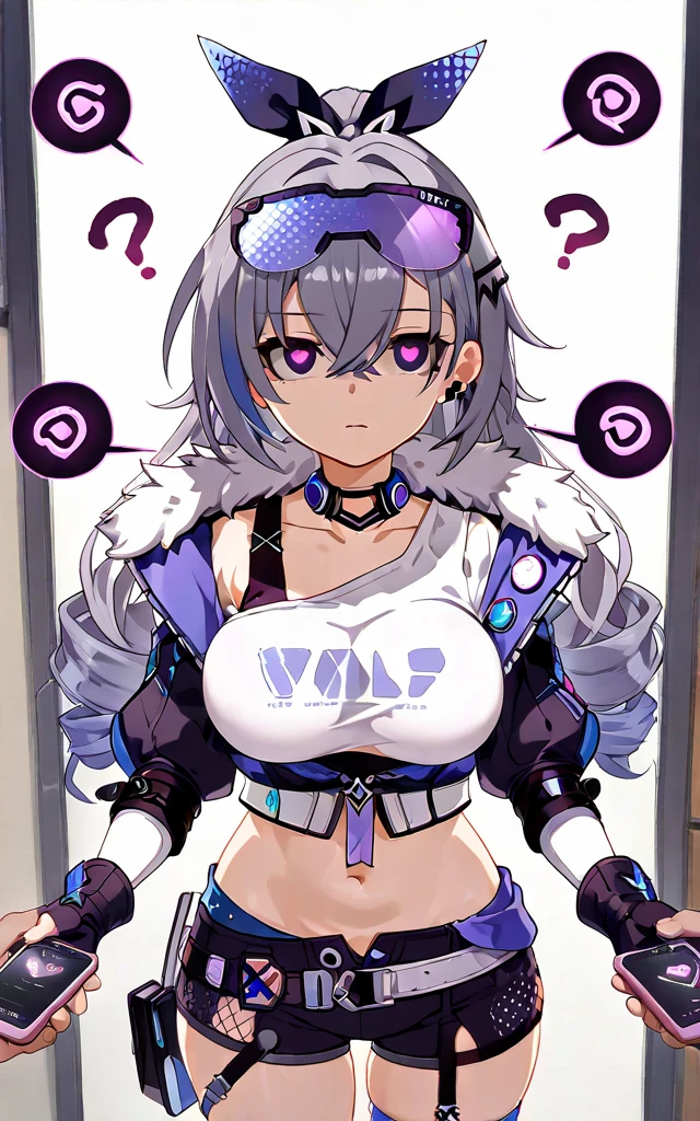 1girl, solo, wolf girl, wolf ears, short eyebrows, Animal ears, purple nails, white skin,  large breasts, (hair over eyes:1.1), ringed eyes, pink pupils, silver hair, Pointy hair, Short hair, Asymmetrical bangs, Braid, (police:1.4), (handcuffs:1.2), (aroused:1.2), (hair fan), light blush, open coat, you gonna get eaten, sideboob, webcam, cyberlive, livestream,(cowboy shot:0.8), (expressions), ((databook)), (annotated:1.4), ((costume chart)), ((((how to)))), (text:1.4), (hips:1.6)