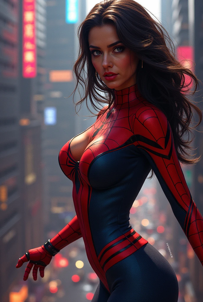 Adult Latina model Daisy Marie, topless, Sexy female dressed as Spider-Man, sexy with enormous tits, gorgeous face, beautiful, hourglass figure, highly detailed, masterpiece, 96k rendering, full moon in background, stars in sky, city lights, New York, nighttime, spider web, exsquisite MCU cinematic lighting, accurate real life face, perfect facial features, super long flowing brunette hair