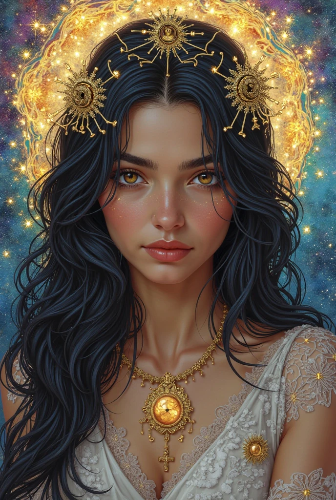 a beautiful shamanic woman, full body, looking at the viewer, smiling, symmetrical, white eyes, spiritual awakening, intricate details, cosmic, ethereal, mystical, complicated environment, brushstrokes, illuminating lights, Greg Rutkowski, RHADS, Beeple, Makoto Shinkai, Lois van Baarle, Ilya Kuvshinov, Rossdraws, Tom Bagshaw, Alfonse Mucha, masterpiece, ultra high resolution, high quality,