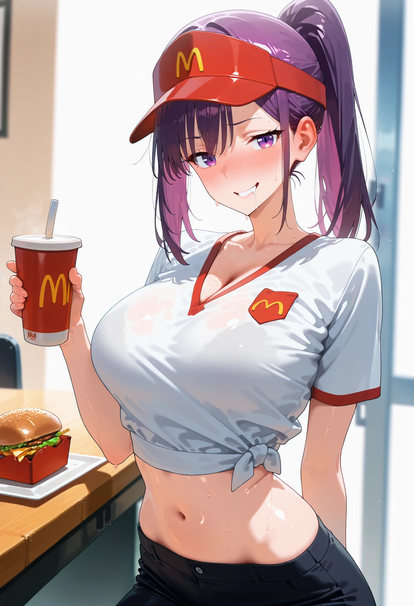 anime screencap, masterpiece, best quality,
1girl, solo, sweat,
purple hair, purple eyes, high ponytail,
JinahJogging,, looking at the viewer, cowboy shot,
bubble breasts, seductive twist, exaggerated voluptuous figure with impossibly large and prominent chest, dramatically slim waist, curvaceous hips, silky smooth skin with a mystical amethyst glow,, hips steady and slightly pushed forward, back straight to focus entirely on the chest and lace details), ultra-sensual face with a bold, confident, and mischievous smirk, highly detailed, 4k ultra quality, anime ecchi style, empty white background, vibrant and rich colors, hyper-sensual and irresistibly enchanting mood,, Anime screencap,solo focus, looking at viewer, shiny skin, shiny hair, shiny body, clear body, nose blush, BREAST FOCUS, POSING, CLEAVAGE, DYNAMIC POSE, NICE LEGS, COWBOY SHOT, cowboy shot, NOSE BLUSH,. , white background, dynamic pose,, opaque clothes,,,
., opaque clothes, LOOKING AT VİEWER, opaque clothes, POSING, navel, midriff , ,. WHITE EMPTY BACKGROUND,
, her body fits the screen, standing upright,
wearing a tight red McDonald's uniform shirt with the "M" logo and black pants, holding a large cheeseburger with a playful expression, sitting at a fast food restaurant table with fries and drink in front of her, slightly drooling, cute and energetic vibe, visor hat with McDonald’s logo, detailed restaurant interior background, view from below