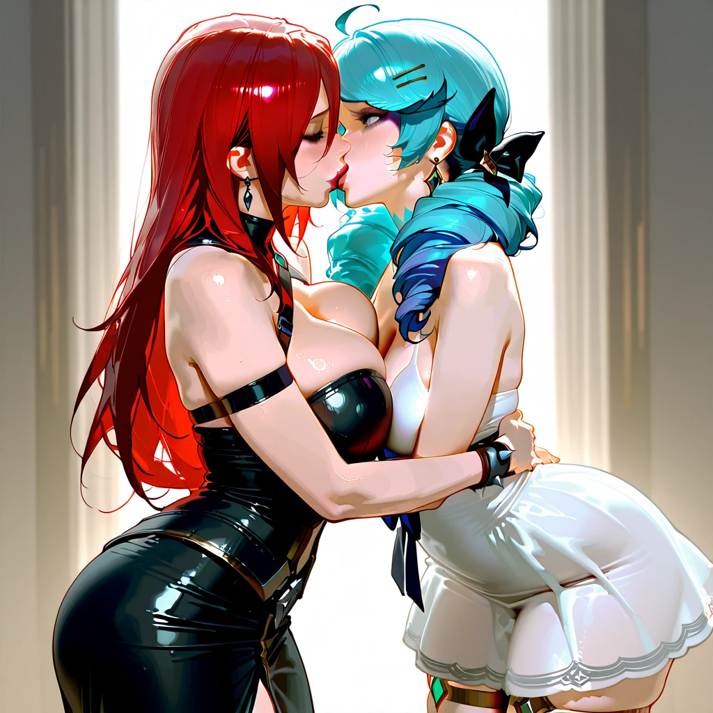 score_9, score_8_up, score_7_up, score_6_up, source_anime, BREAK, genshin impact, rosaria, genshin rosaria, BREAK, eula, genshin eula, eula from genshin, BREAK, duo, 2girls, lesbian, indoors, yuri, medieval home, medieval interior, large breasts, kissing, ass