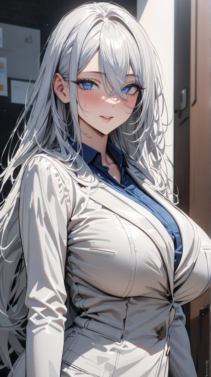 Beautiful girl, silver hair, white shirt, small breasts,