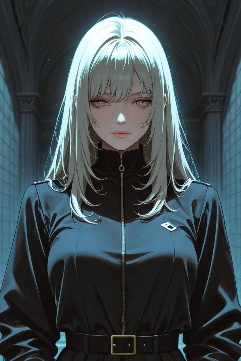 A  girl has black long hair,she has hime styles for her hair,she has ocean blue eyes,white rosy skin and she from Jujutsu Kaisen,she is Gojo student,style art Jujutsu Kaisen,she is talking with a tall white hair man