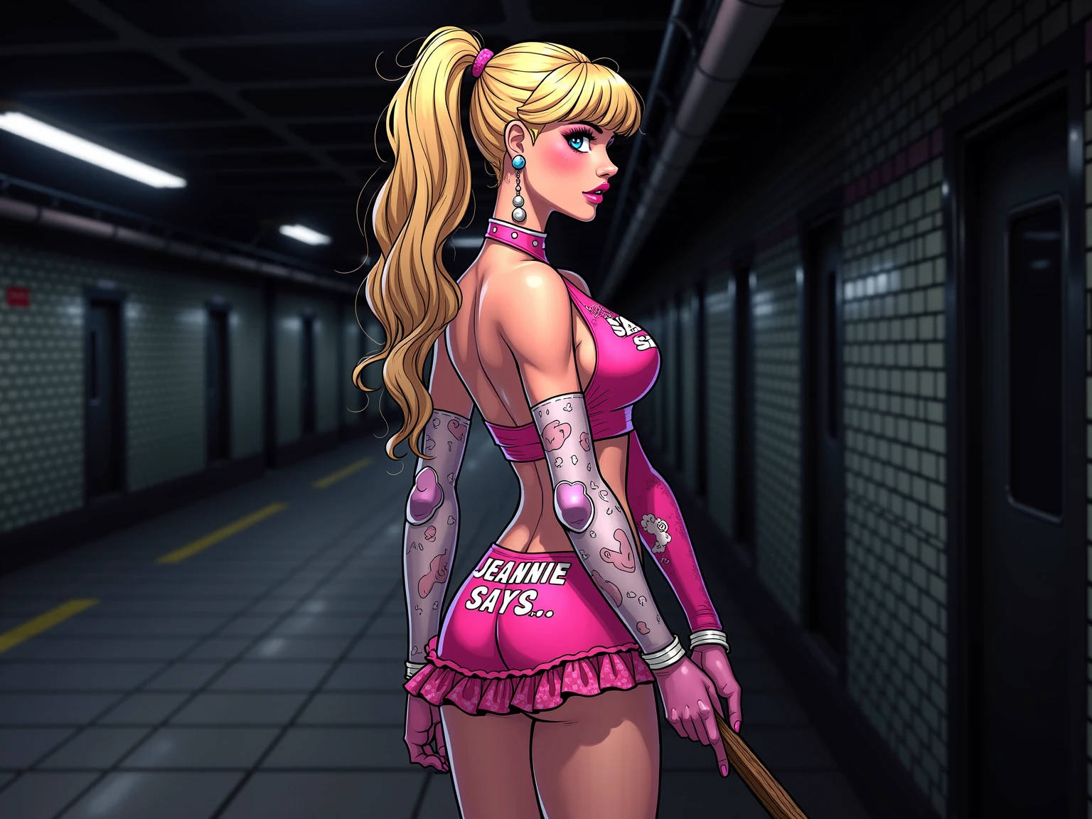Juliet Starling(LollipopChainsaw),long flowing blonde hairstyle with twin ponytails,tan skin Close up of breasts, pokies,hot pink leather jumpsuit,night time city streets location, smile,sexy seductive pose,
