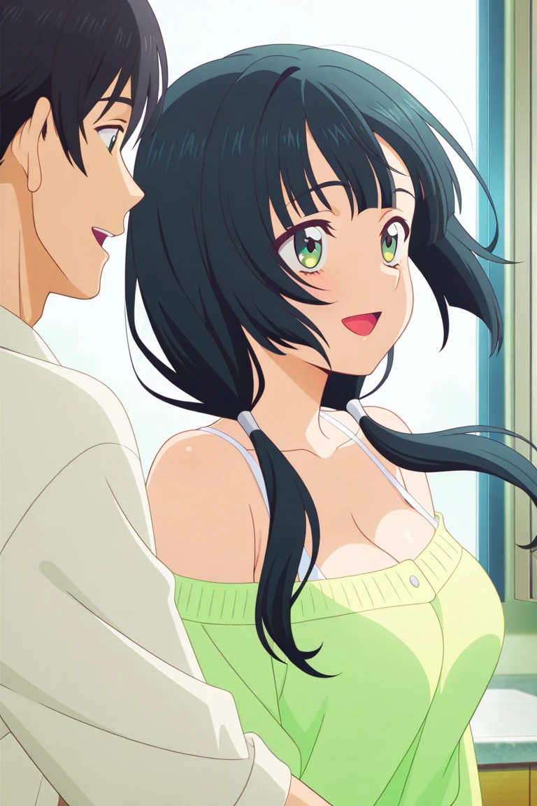 shinkai makoto, Kimi No Na Wa., 1 boy, Shaved head, , Boys are behind girls, Touching the chest, Rubbing breasts from behind, grab, grabbing chest,chestgrab behind back, Remove your bra, Hold the bra, Embrace, Embrace, Kiss on the neck, One girl, Black Hair, Waterfall knitting, Red ribbon, Long Hair, Brown eyes, blue star necklace, Light Cardigan Pink, Open shirt, Yellow shirt Open shift, belly button, cute, Open your mouth, whole body, Long sleeve, Cowboy Shot, masterpiece, On a date, Blushing, Bedroom, night, Sit on the bed , Shaved head,Topless,Nipples are erect,Armpit sweat,Shyness,clear,High exposure,Having my armpits licked,His arms are tied and he is hanging from a rope、A beautiful adult woman with long hair、Underhair grows,Peeing