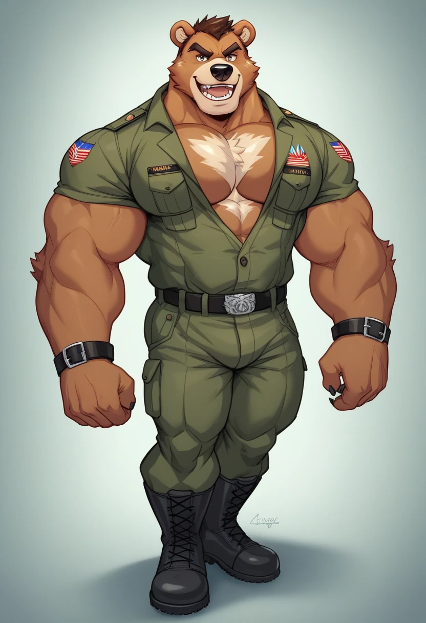 Lion, (((military pilot outfit))), open shirt, showing chest, male, solo, adult, abs, ((mane)), pecs, big pecs, nipples, older, strong muscles, big mane, long mane, detailed face, beautiful eyes, muscular chest, muscular, seductive face, bodybuilder body, beefy, hangar background, looking at viewer, black pants, bulge, body hair, hairy chest, by bruteandbrawn, by personalami, by kenket, (intricate, high detail, film photography, soft focus, RAW candid cinema, photorealism, realistic, photorealistic, analog style, subsurface scattering, masterpiece, best quality, ultra realistic, 8k)