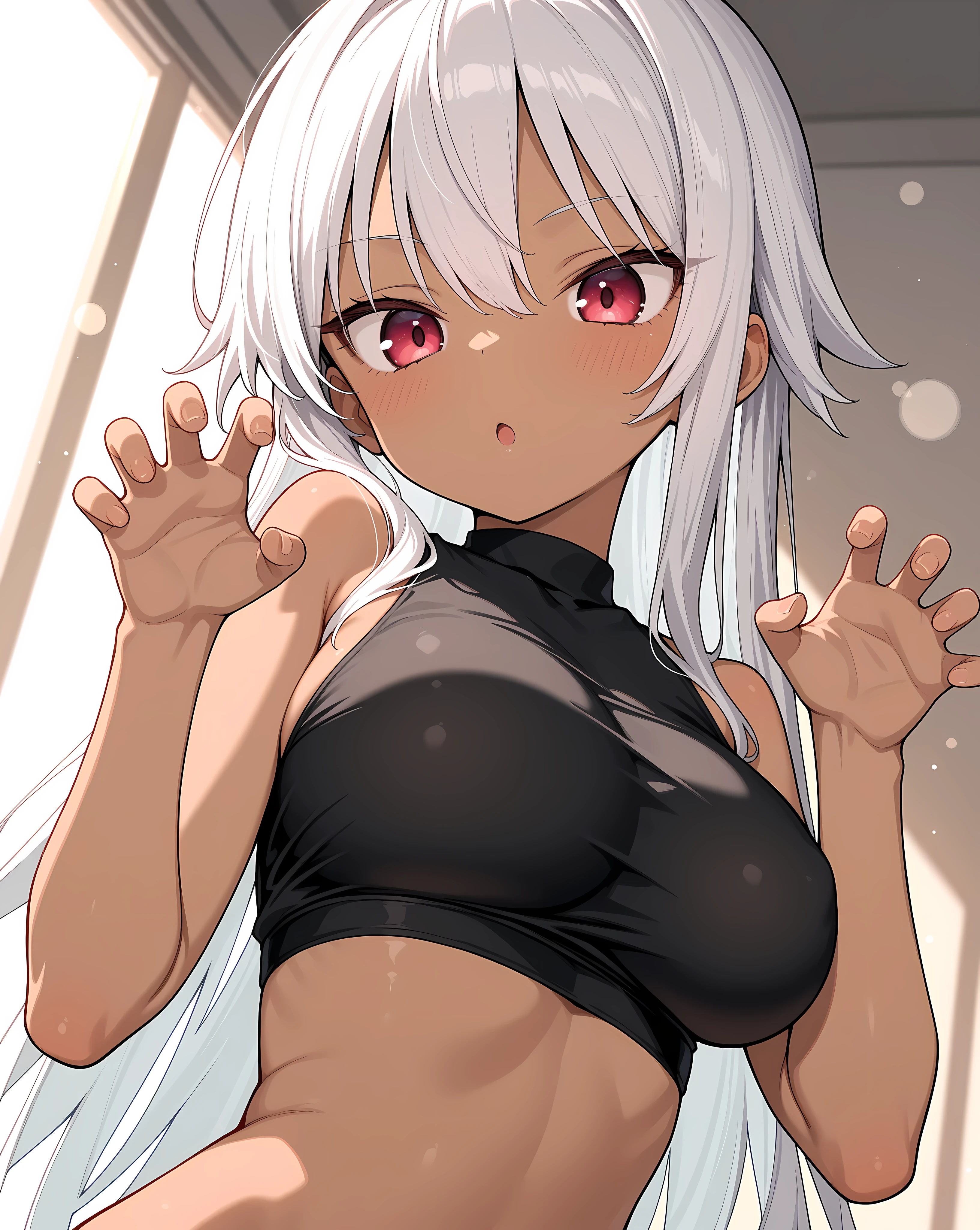 nsfw,1 girl,completely nude,White hair,(White eyes:1.3),Covered nipples,heart-White pubic hair,light brown skin masterpiece, best quality, very aesthetic, absurdres,masterpiece, best quality, very aesthetic, absurdres,masterpiece, best quality, very aesthetic, absurdres,looking at viewer,(double v),(squat),Legs apart,masterpiece, best quality, very aesthetic, absurdres Finger,tanlines,brown skin,bottom