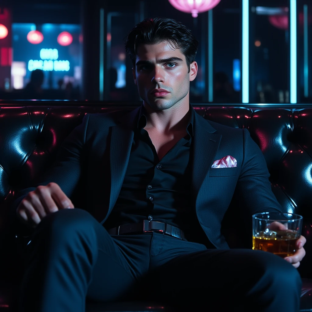 Lucifer young lean body sitting on couch in room with a glass of whiskey in hand and a whole bar in room and table with a whiskey glass and snacks. Guitar beside me on couch