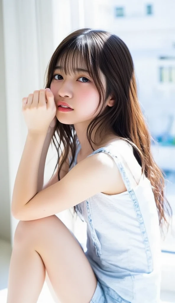 ((((Detailed explanation)))),(((masterpiece、Highest quality、Very detailed:1.42、Focus on the eyes)))、Female in her late teens、Portraiture、Blurred cityscape at dusk、Silhouette of buildings and street lampedium length dark-brown hair、natural wavy curls、The wind is blowing softly、Some hair falls to the side of the face、Skin is smooth、Healthy olive color、The tan lines are faintly visible、Natural redness on the cheeks、I have a few small laugh lines on my forehead、Eyes with dark brown irises、The pupil is shining, Reflects light、Long curled eyelashes、Highlights the eyes、Eyebrows are thin and trimmed、Natural Arch、Small nose、straight、straight nose、lips are plump、soft pink lip gloss、Ultra-thin camisole、Barefoot and barefoot、A simple silver bracelet on her right wrist、A small diamond earring sparkles in her left ear..、The expression is calm、have confidence、smile、(((Emphasize the contrast between light and shadow)))、Realistic textures and facial details
