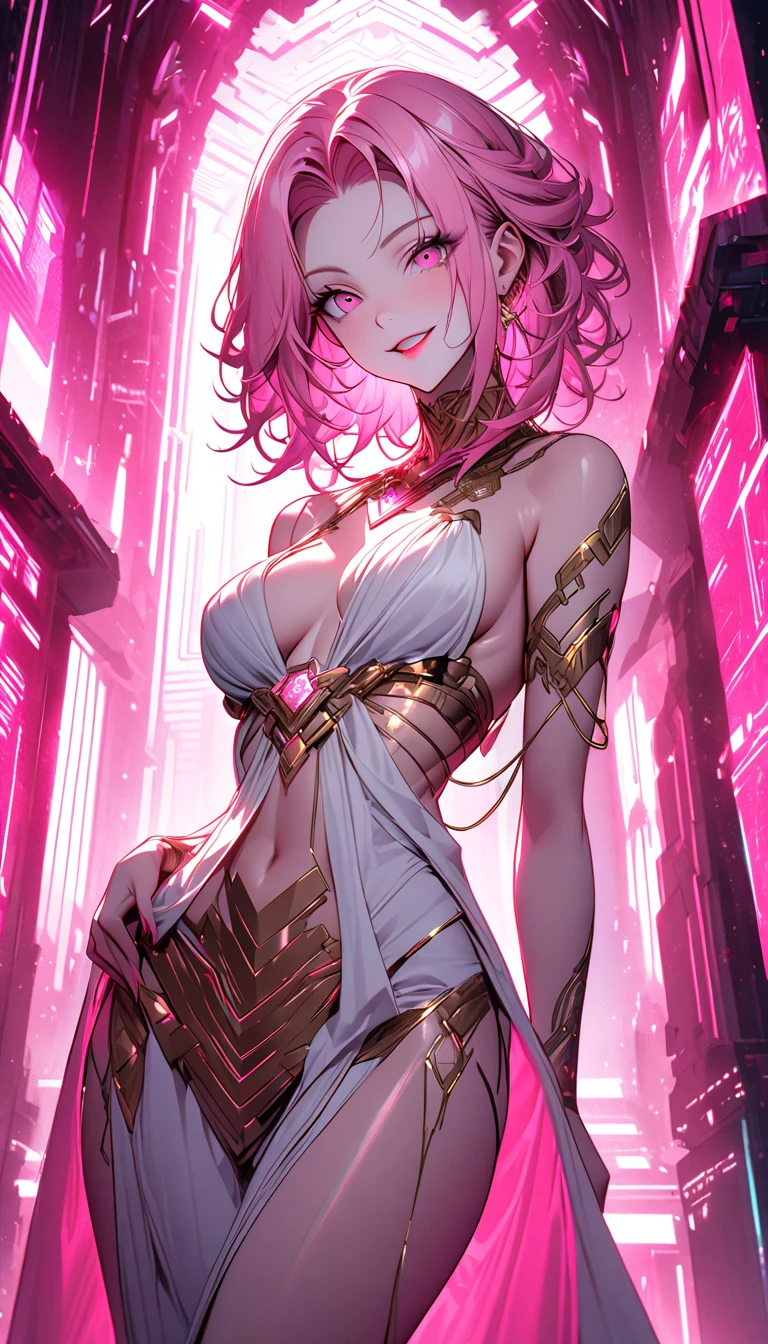 masterpiece, best quality, wallpaper, 8k, video game loading screen, intricate detail, beautiful anime girl, detailed lighting and shadows, (hero costume), (small breasts), shiny skin, seductive pose, (toned athletic body), solo, white stockings with pink hem, (pink hearts), leotard, pink hem on clothing, thin (pink eyebrows), glowing pink eyes, beautiful detailed eyes, detailed elaborate clothing design, extravagant, pink (short cape), very short messy pink hair, purple neon city in background, (purple neon skyscrapers), (heart) clothes cutout, (wide hips), dark shadows, skin indentation, pink lipstick, tight clothes, pink boots, pink elbow gloves, bare shoulders, teeth, grinning, navel cutout