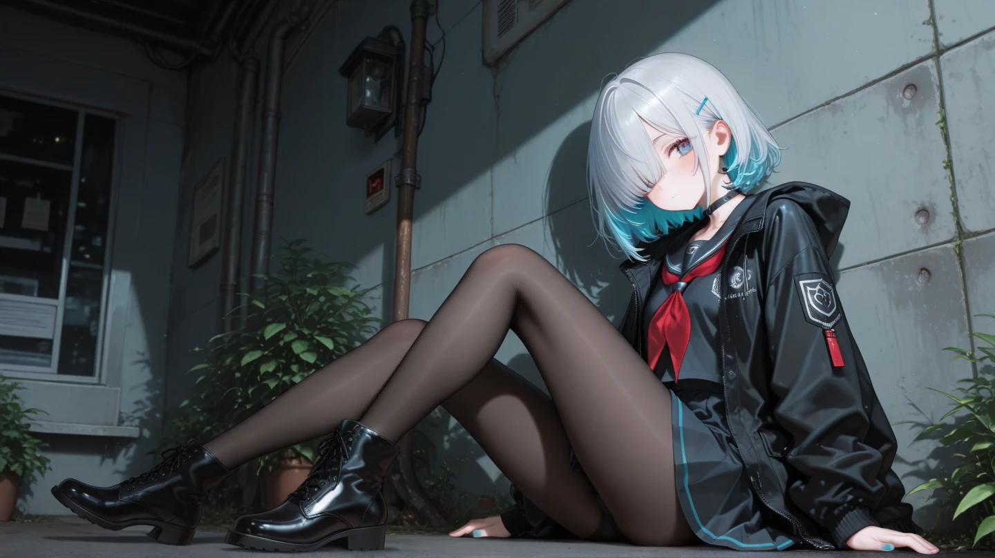 Masterpiece, best quality,extremely detailed,ultra detailed,(one woman,shoulder-length black hair,black leather jacket under a white shirt,leather black pants,(heterochromia,light gray eye,deep black eye:1.5):1.3),(resting her back to a concrete wall:1.3),from front,the whole body,solo,Squinted eyes,black choker,serious face, Beautiful eyes,perfect eyes,perfect hands, perfect finger, perfect legs,