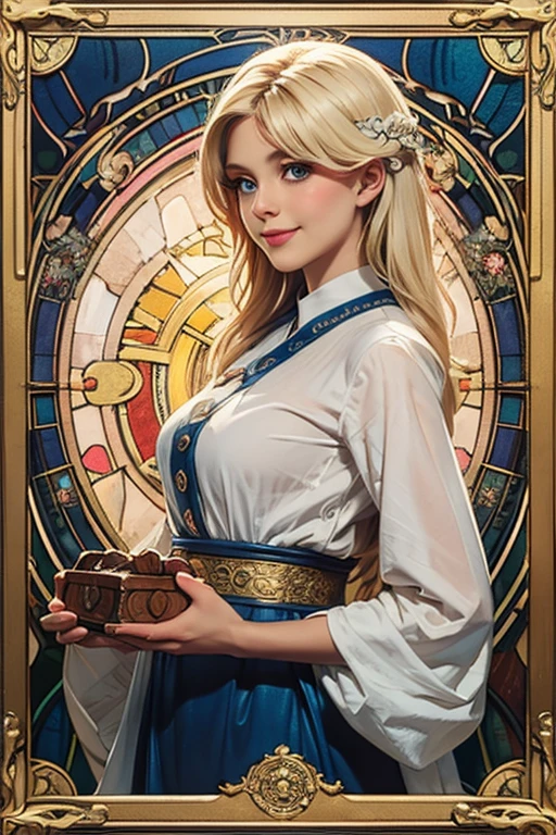 (masterpiece:1.4), (best qualit:1.4), (high resolution:1.4), princess calla, blue dress, white long sleves, single braid, indoors, castle, smile, looking at viewer, <lora:princess_calla_v1:1>