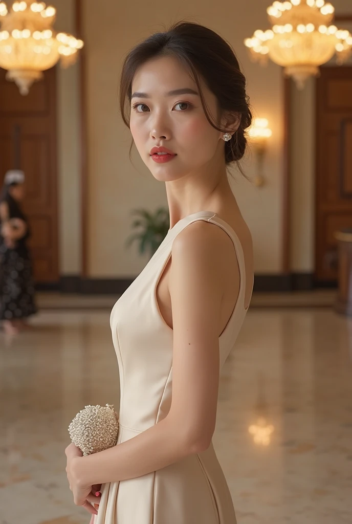 1girl in a modern, elegant ball gown, styled with a sleek updo and minimalist jewelry. She should have a confident, regal expression. The background is a luxurious modern palace, with clean lines, high ceilings, and extravagant chandeliers. The photo should be shot in high definition, with a sharp focus on the subject and a soft, blurred background for a captivating portrait