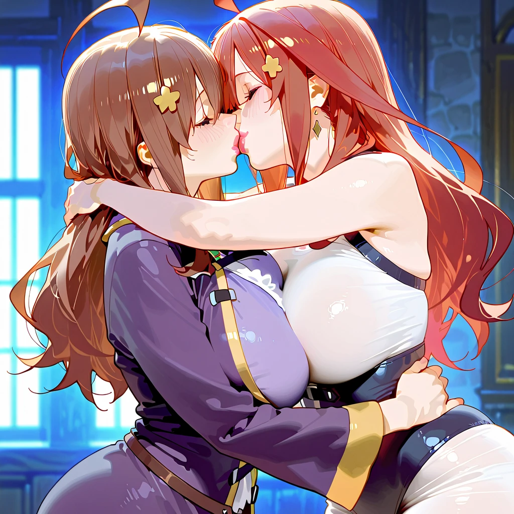 (((NSFW)))、teens 2 girl、(((Colossal tits)))、double tooth、Awesome、Red cheeks、((((A big penis grows out of a pussy))))、(testicle)、penis、futanari、Too much skin tone、Sullen expression、plump figure、big butts、((​masterpiece、top-quality))、girl with、[Silence Suzuka、umamusume、orange color Hair、long Hair、slender、green ribbon]、[Daiwa Scarlet、Horse Girl、brown haired、twin tails、red_eyes、Pupil of the slit、Silver tiara、hair_intakes、bare_shoulders、short_sleeves、large breasts]、((2 futanari girl and 1girl are having sex))、missionary position, spread legs, legs up、shoot from side
