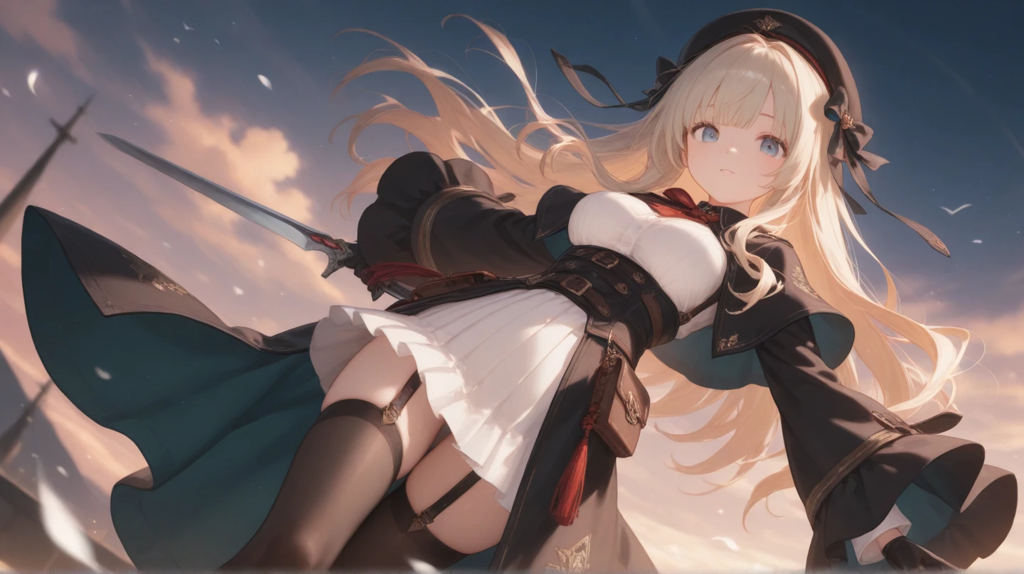 Masterpiece, best quality, yukka uniform, Yukka Ende, blush, (crotch close up), open mouth, red dirndle, red silk hat, outside, sky, day, ocean, red small hair bows, shiny blue eyes, 1girl, solo, red skirt, skirt lift, white panties, crotch seam, cameltoe, wet panties, crouching, knee lift, smile, perfect hands,