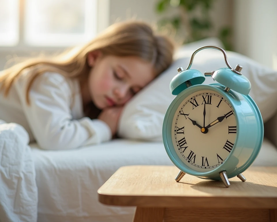 Mid-shot,A little girl in bed,Covered with quilt,sleep,A huge clock in the background,The clock points to 9 o'clock,Flat poster style