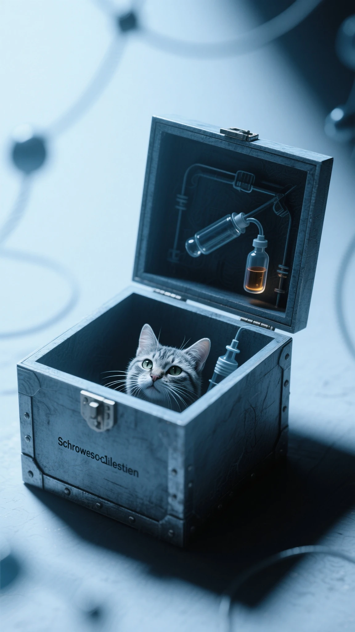 The theme is a mysterious box。Schrödinger's Cat、is a thought experiment thinking about the superposition state of quantum mechanics by comparing it to a cat。but、where cats and poison gas are set in a box、an experiment where you don't know until you open the box