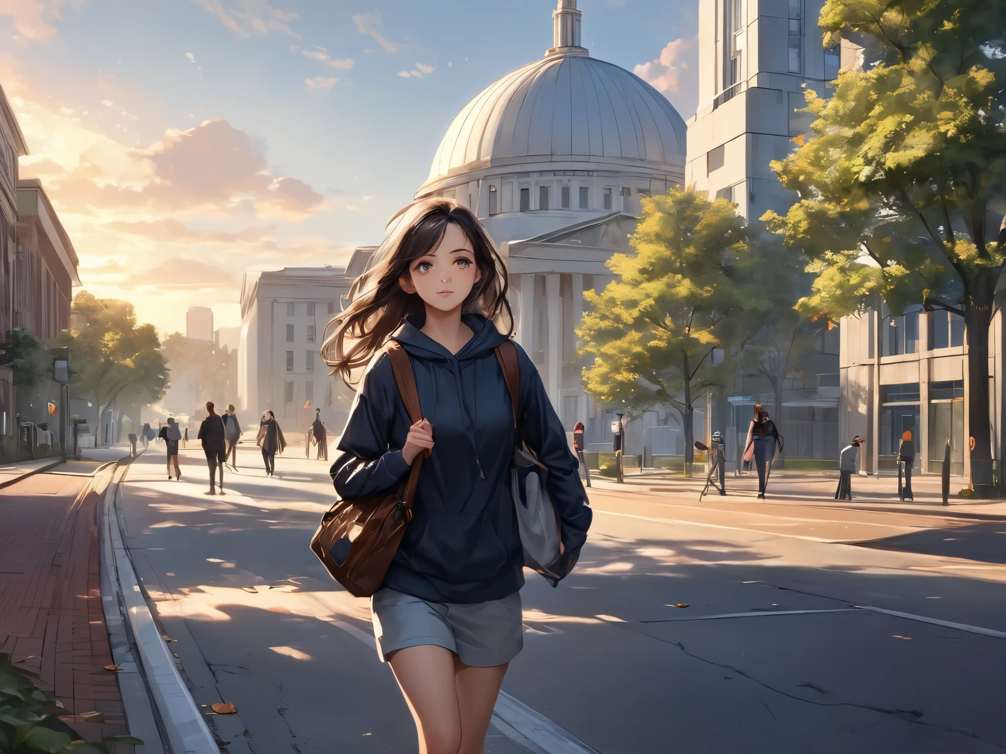 A realistic illustration of a modern city street near MIT in Cambridge, Massachusetts, during early morning. The scene includes a young woman (Ella) running anxiously toward the iconic MIT dome in the distance. She wears a dark hoodie and carries a messenger bag, with her long hair slightly messy from running. The street is lined with academic buildings, trees, and students walking or cycling. The atmosphere is tense but vibrant, with sunlight just starting to warm the buildings.
