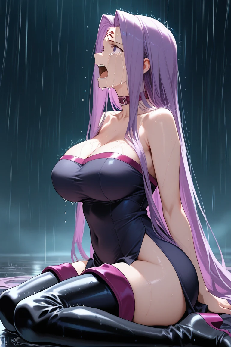 High resolution, high quality, 1 girl, anime girl, [[Pregnant]],Light purple long hair, blunt bangs, lilac eyes,heart shaped pupils,[[pale skin]],Glossy skin, big breasts,beautiful breasts,pointy breasts,long nipples,erect nipples,(big ass),beautiful ass,ahegao,sweat,wet,red highleg waitress,anal,sex,arms behind head,crotch tattoo,glowing tattoo,squat,at shower,(water),at Beach,